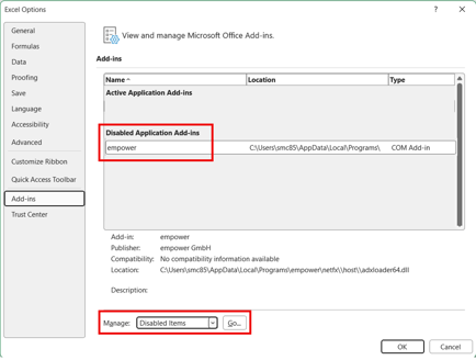 Disabled add-in