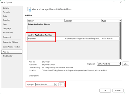 Inactive add-in