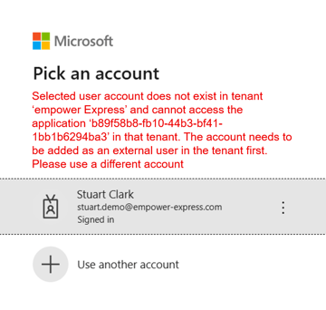 User account does not exist in tenant